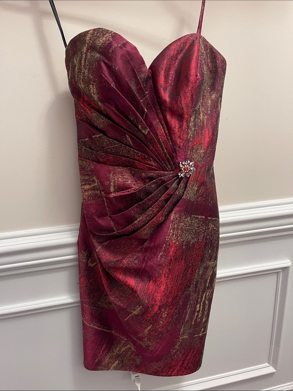 Terani Couture Metallic Red and Gold Mini Dress with Embellished Accent